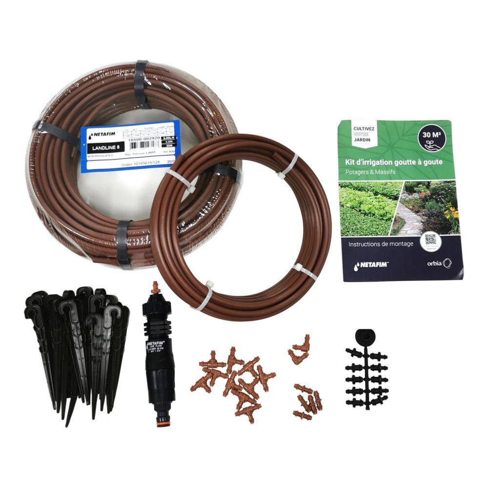 Kit d'irrigation goutte à goutte composé de tuyaux, raccords, notices, ...